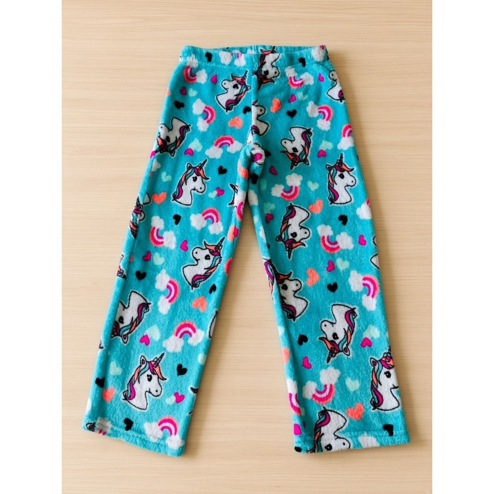 Unicorn Fleece Pajama Pants Kids Small 6-6X Turquoise Rainbow Hearts Plush Sleep